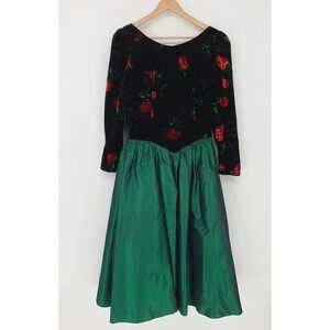 VTG 80s Roberta Velvet Rose Green Whimsical Beauty Bow Party Cocktail‎ Dress 14
